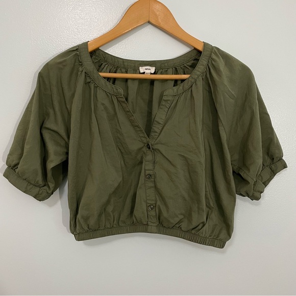 aerie Tops - Aerie Olive Green Split Henley Neck Bubble Sleeve Cropped Women's Top XS